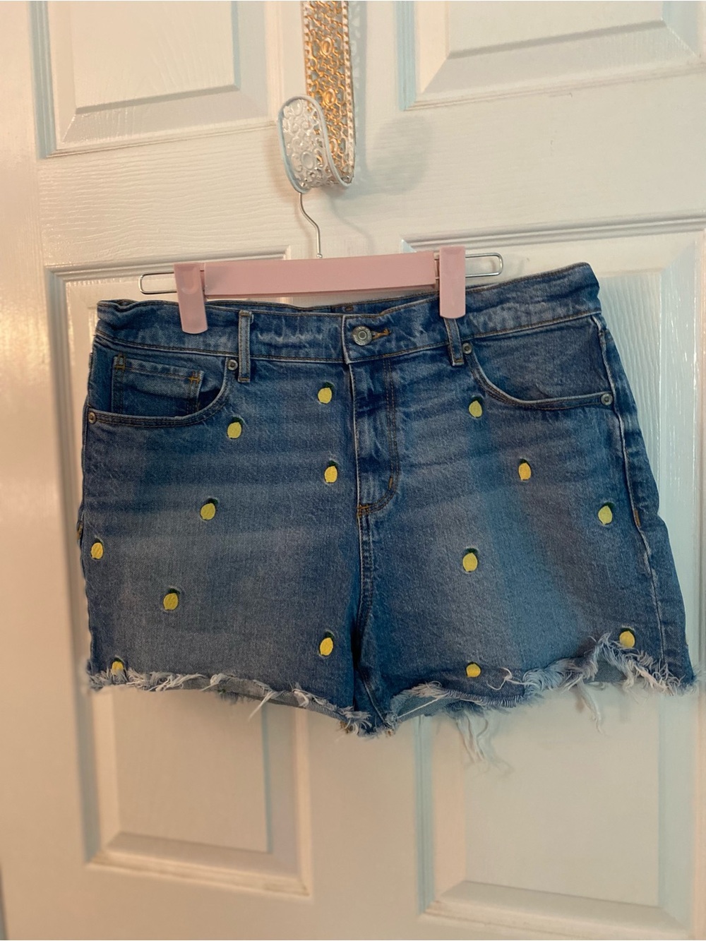 LOFT Blue Denim Frayed Hem Shorts with Yellow Lemon Detail